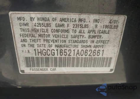 2001 Honda Accord 3.0 Ex z USA, uszkodzony, nr VIN 1HGCG16521A062661